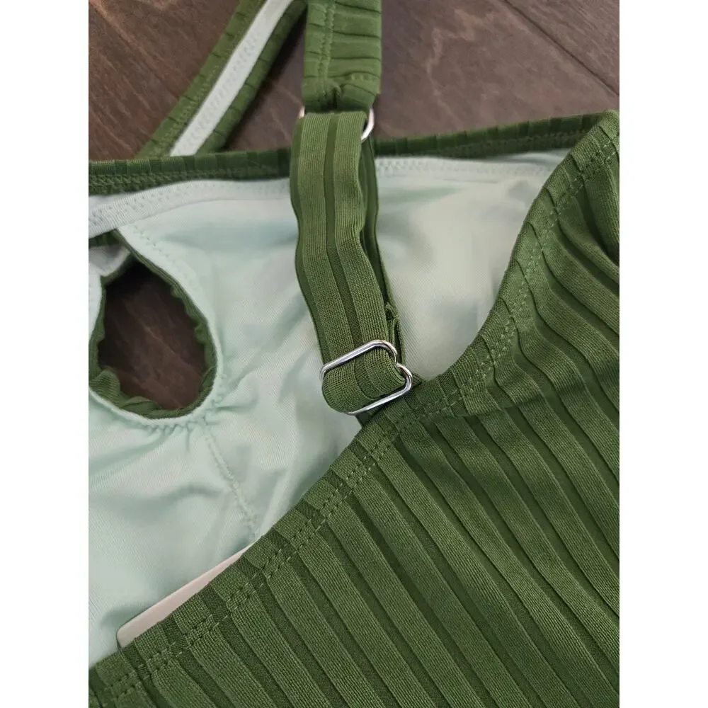 CUPSHE Ribbed Green One Piece Swimsuit Cutout Criss Cross Back Size S NWT